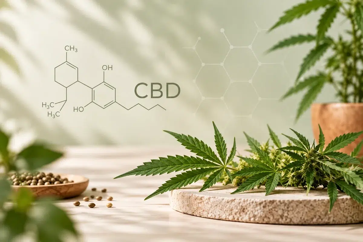 CBD молекула и листа от коноп – какво е CBD и как действа