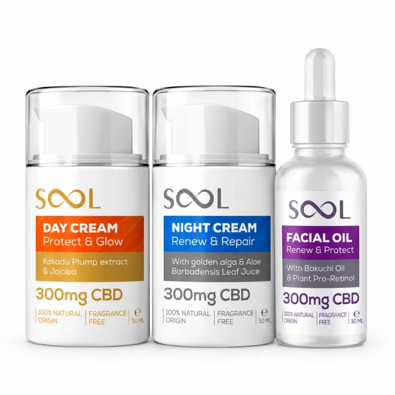 CBD комплект SOOL – дневен крем, нощен крем и масло за лице